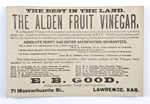 Victorian Trade Card Alden Fruit Vinegar Great Blue Heron E B Good Lawrence KS - Picture 3 of 4