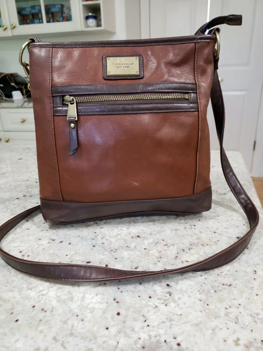 Tignanello Hobo Bag Light Dark Brown Shoulder Long Strap Purse Chain Interior