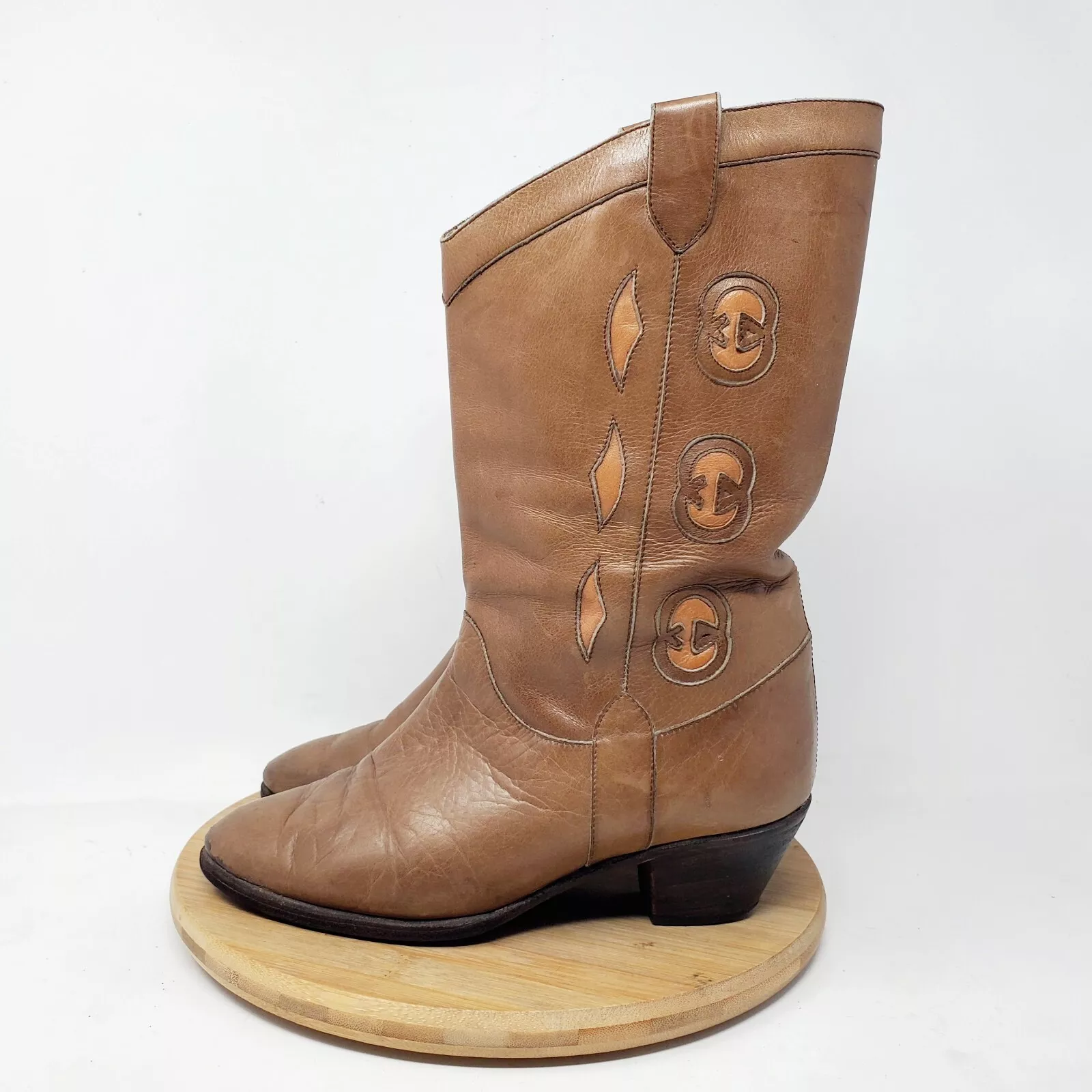 Gucci Bottes Femme 35 B Vintage Cuir Marron Western Cowboy Cowgirl Logo Chaussures