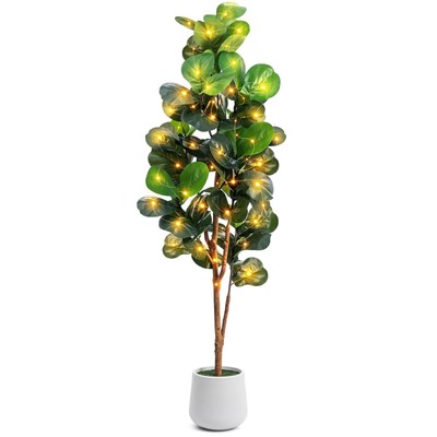 6ft Artificial Fiddle Leaf Fig Tree with LED Fairy Lights & White Planter - L...