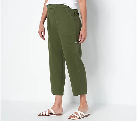 Susan Graver Pure Easy Linen Utility Crop Pant-Olive-Petite XS