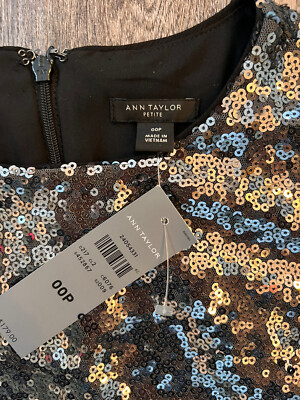ann taylor sequin shift dress Ann Taylor Sequin Dress Women's 8P Gold Shimmer Short Sleeve V Neck Shift NWT