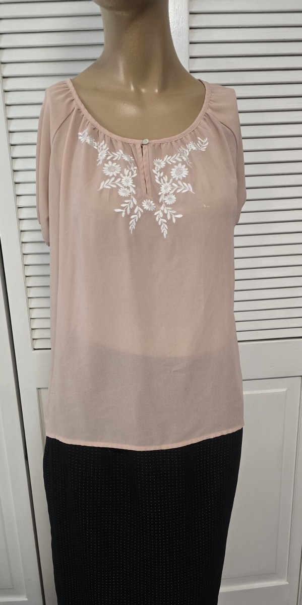 645 FOREVER 21 Womens Sz Lg Peach Embroidered Blouse Tunc