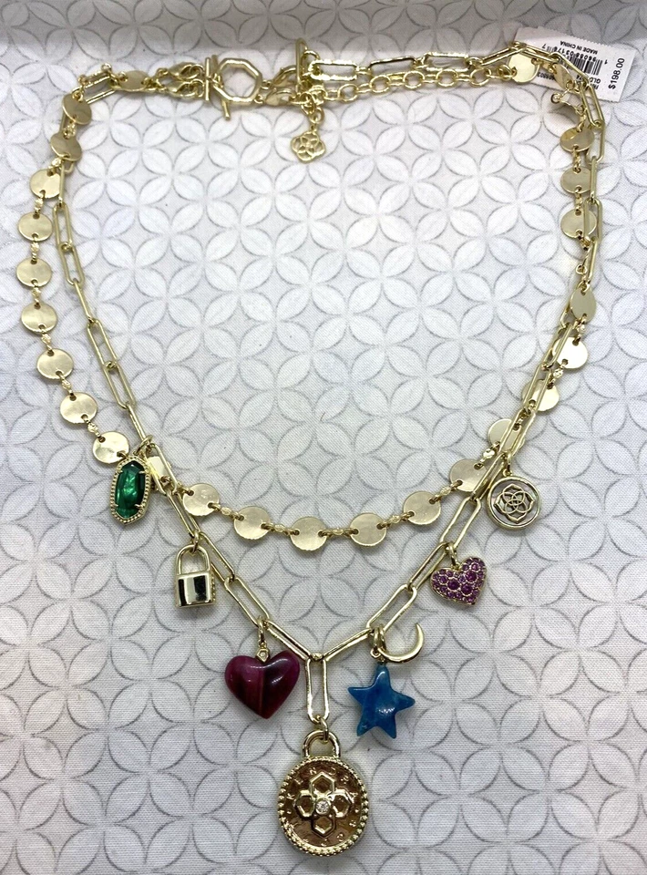 Collar Kendra Scott Frankie Piedra Mixta Dije Tono Dorado Estrellas Corazones En Capas