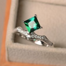 1.20 Ct Princess Cut Natural Emerald  Diamond Wedding Ring 925 Sterling Silver