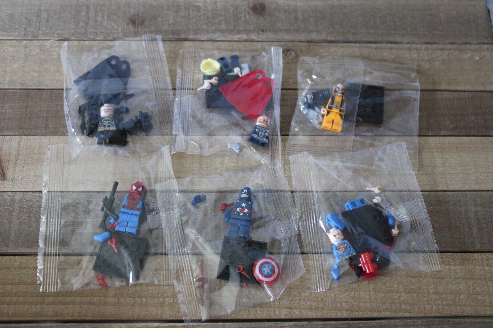 6 LEGO Mini Superhero Figure, SPIDERMAN, BATMAN, THOR, SUPERMAN, + New