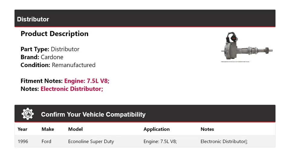 Ford Econoline Super Duty 1996 7,5 L V8 distribuidor cardone Foto 2 de 4