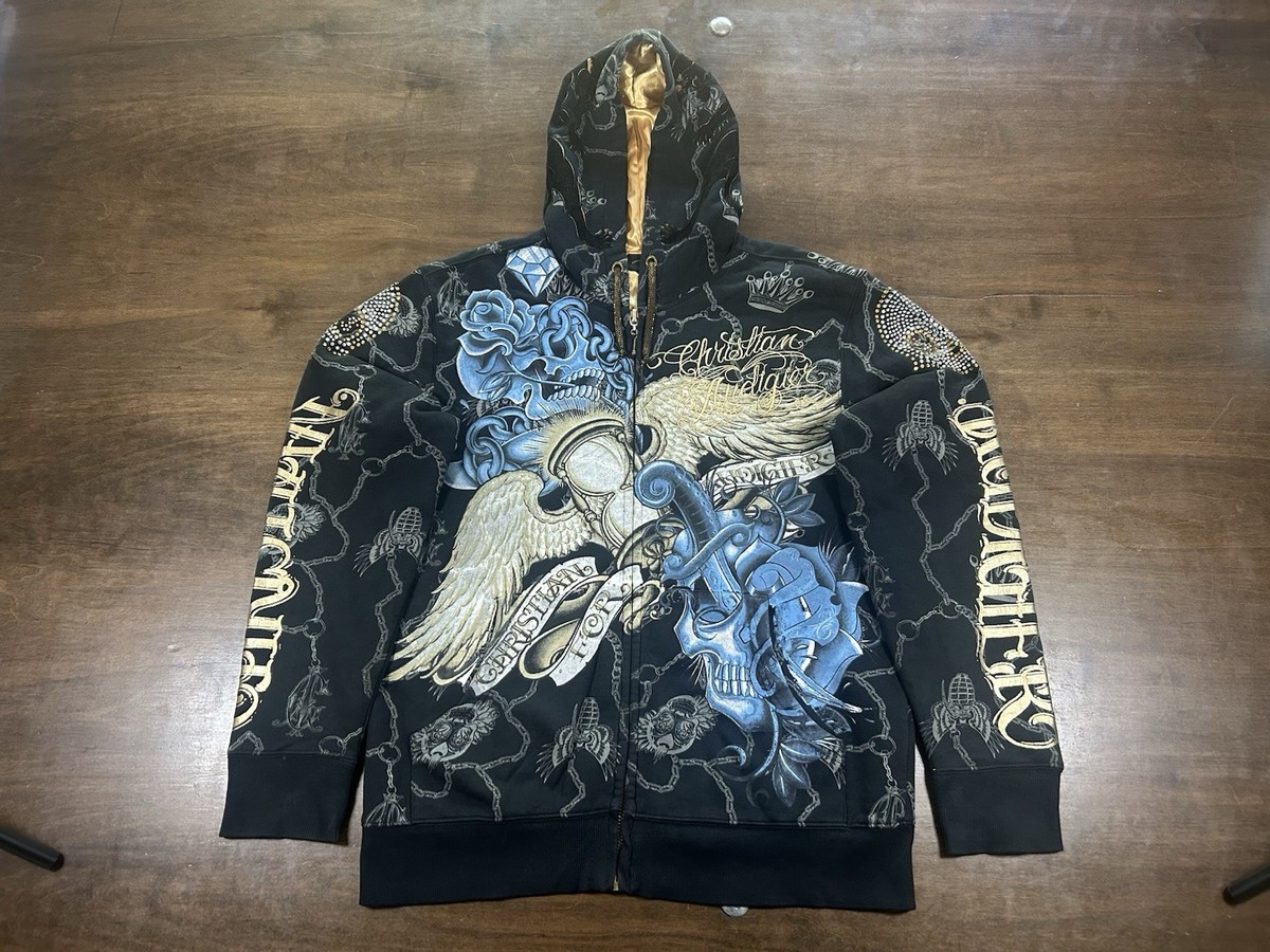CHRISTIAN AUDIGIER 36×32 刺繍　かっこいい　美品 M Christian Audigier x Ed Hardy Skull AOP Zip Hoodie Black Panther