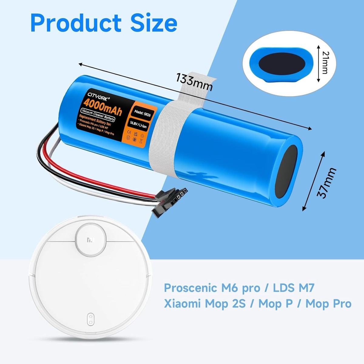 Batteria CITYORK 14.4V/4000mAh Per Robot Aspirapolvere - Compatibile Con Proscenic E Xiaomi | Ricambio Ad Alta Capacit&agrave;