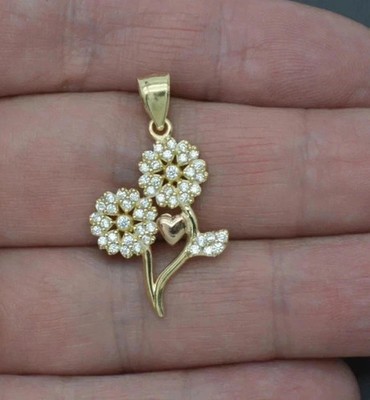 14K Yellow Gold Plated 0.60Ct Round Real Moissanite Two Flower Heart Pendant