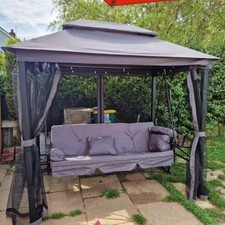 3 Seater Garden Swing Chair Canopy Outdoor Patio Hammock Bench Bed Cushions Grey