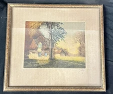 Framed Jim Daly Watercolor Thatched Countryside Cottage Mid Century 14”