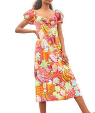 Farm Rio L Fruit Salad Maxi Womens Dress Cotton Short Puff Sleeve Midi $225
