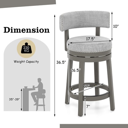 Upholstered Swivel Bar Stool Wooden Counter Height Kitchen Chair w/ Back Grey - Picture 2 of 8