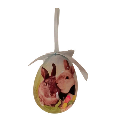 Easter Egg Bunnies Egg Ornament with Blue Ribbon