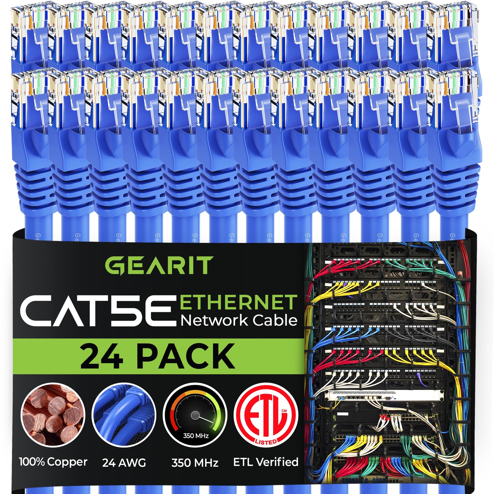24-Pack Cat5e Ethernet Cable 10ft Snagless RJ45 LAN Network Patch Cords