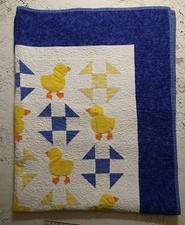 Handmade Baby Quilt Applique Ducklings Blue Yellow White 43"x55"