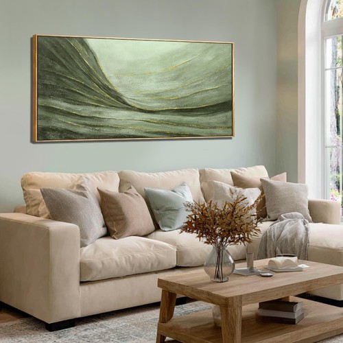 Green Gradient Wave Framed Wall Art Living Room Decor 29x58 Inch