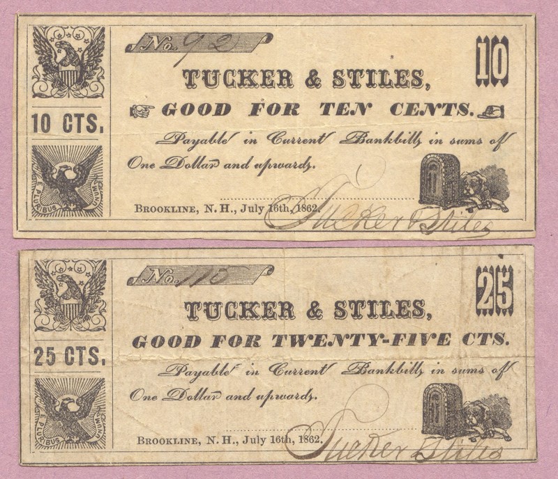 Scrip, Brookline NH, Tucker & Stiles New Hampshire, Good for 10c, 25c, July 1862