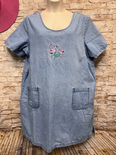 Coral Bay Plus Blue Denim Short Sleeve Embroidered Flamingos Dress Size 2X - Picture 2 of 7