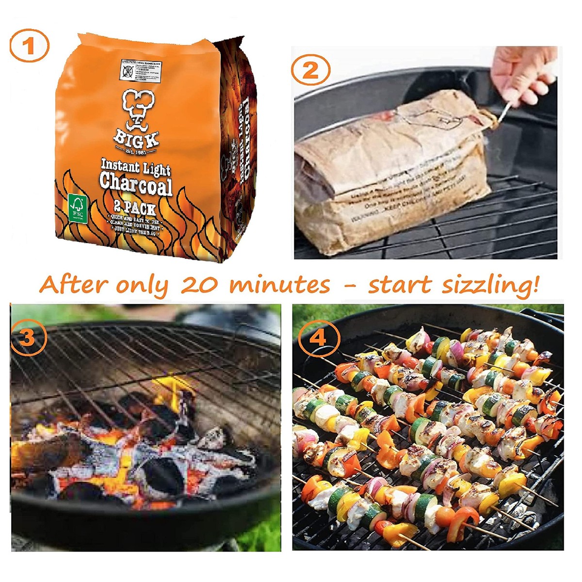 Instant Light Lumpwood Charcoal Bags 2x1kg BBQ Instant Coal Bags