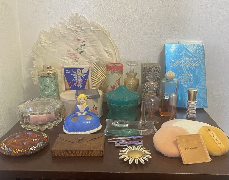 Vintage Collectible Vanity Lot-Powders Perfume Compacts Puffs Fan Hair Pins