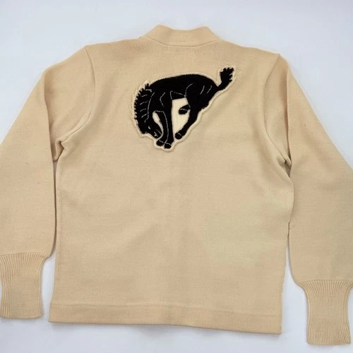 Vtg 1950's Dehen Wool Cardigan Varsity Sweater Womens Mustangs Bronc Casper WY