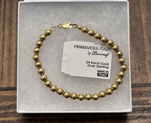 DaneCraft Italy 24KT Gold Over 925 Sterling Silver Beaded FJ Chain Bracelet 7.5”