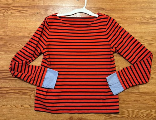 Camisa para mujer J.Crew roja a rayas cuello ancho top puño cambray cuello barco talla M - Imagen 7 de 11