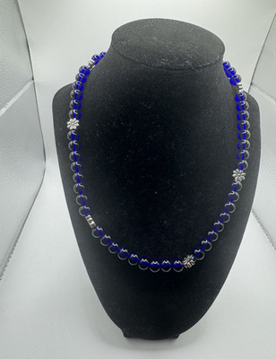 Vintage Cobalt blue  translucent Glass Bead Necklace 18'' Barrel Clasp 