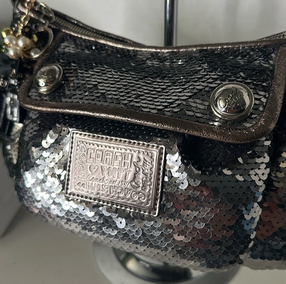 Bolso Bandolera/Hombro Coach Amapola Plateado Lentejuelas Cartera Vintage Foto 2 de 4
