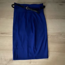 Blue Belted Straight Pencil Knee Length Skirt Buckle Closure Women Solid