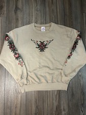 JERZEES Vintage Beige Fleece Crewneck Pullover Sweatshirt Floral Print Women s M