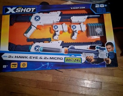 This is a Zuru X-Shot combo pack containing two Hawk Eye blasters and two Micro