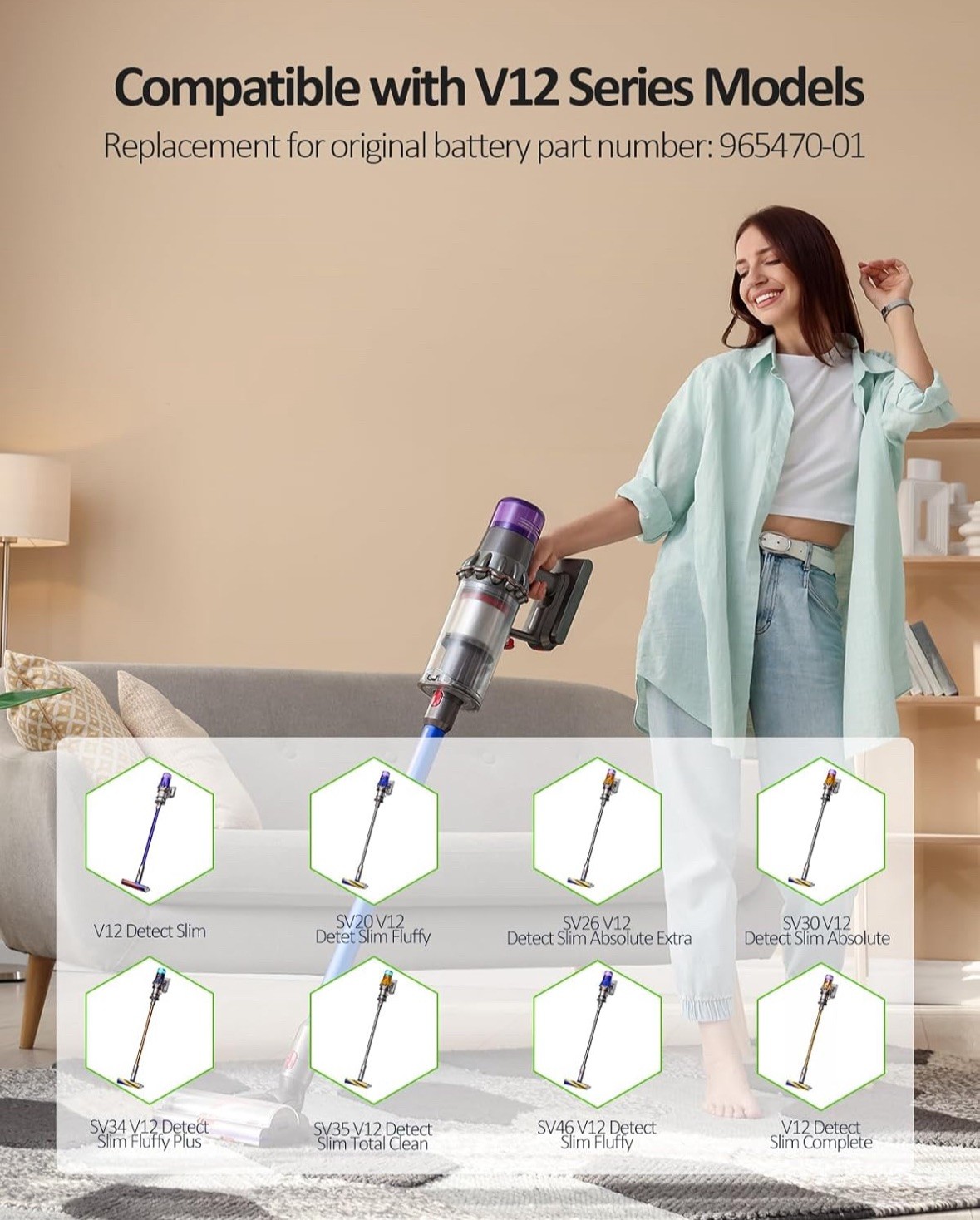 3500mAh 25.2V Replacement for Dyson V12 Battery, Replacement Battery Compatible