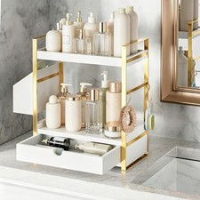 2-Tier Bathroom Counter Organizer Wooden Vanity Shelf W/ Drawer Basket