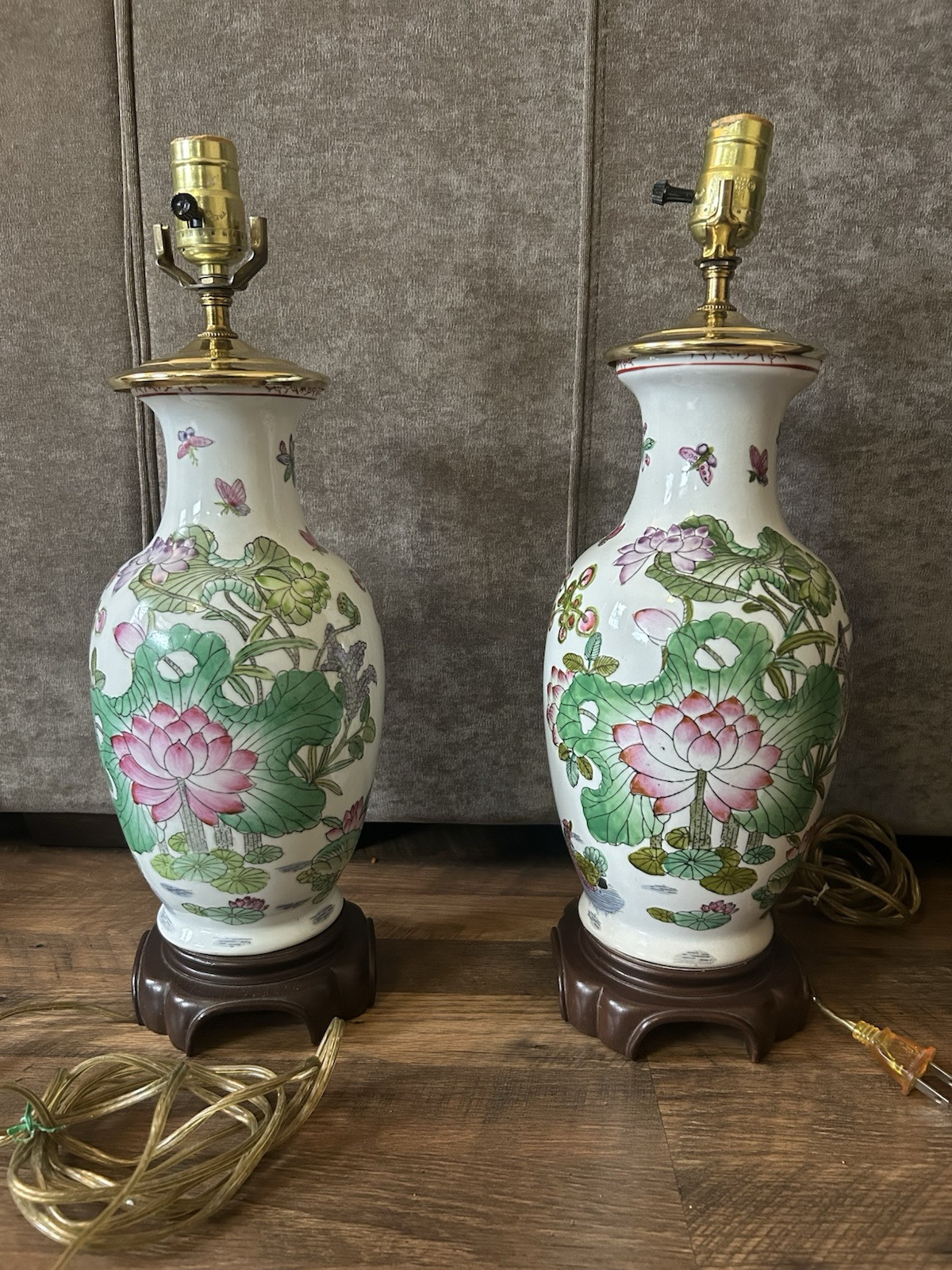 Glass Ginger Jar Shape Table Lamps with Painted Flowers & Gold Trim Set of 2