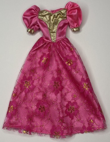 Barbie Kleid Kleid Rosa Gold Metallic Spitze Overlay Blumen Prinzessin Puppenkleidung
