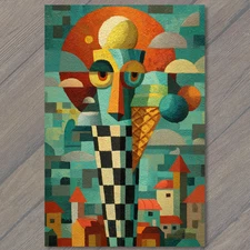 Art Print Surreal Ice Cream Cone Face Checkered Geometric Cubist Town Abstract S