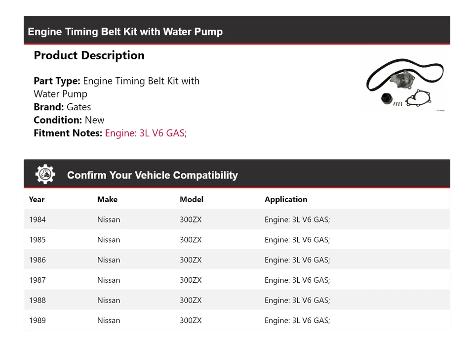 For 1984-1989 Nissan 300ZX Engine Timing Belt Kit with Water Pump Gates 1985 - Image 2 of 4