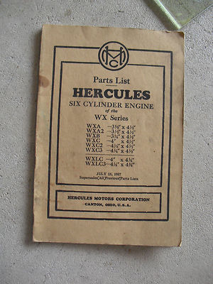 Vintage 1937 Booklet Hercules Motor Corp Parts List Six Cylinder Engine WX Serie