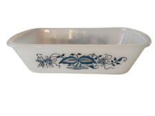 Vintage Glass Bake Milk Glass Blue Flowers 1 1/2 Qt Loaf Pan Bread Made in USA