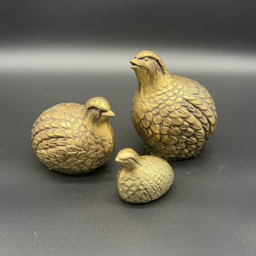 MCM Vintage Brass Quail / Partridge Family Figurines Paperweights Set of 3