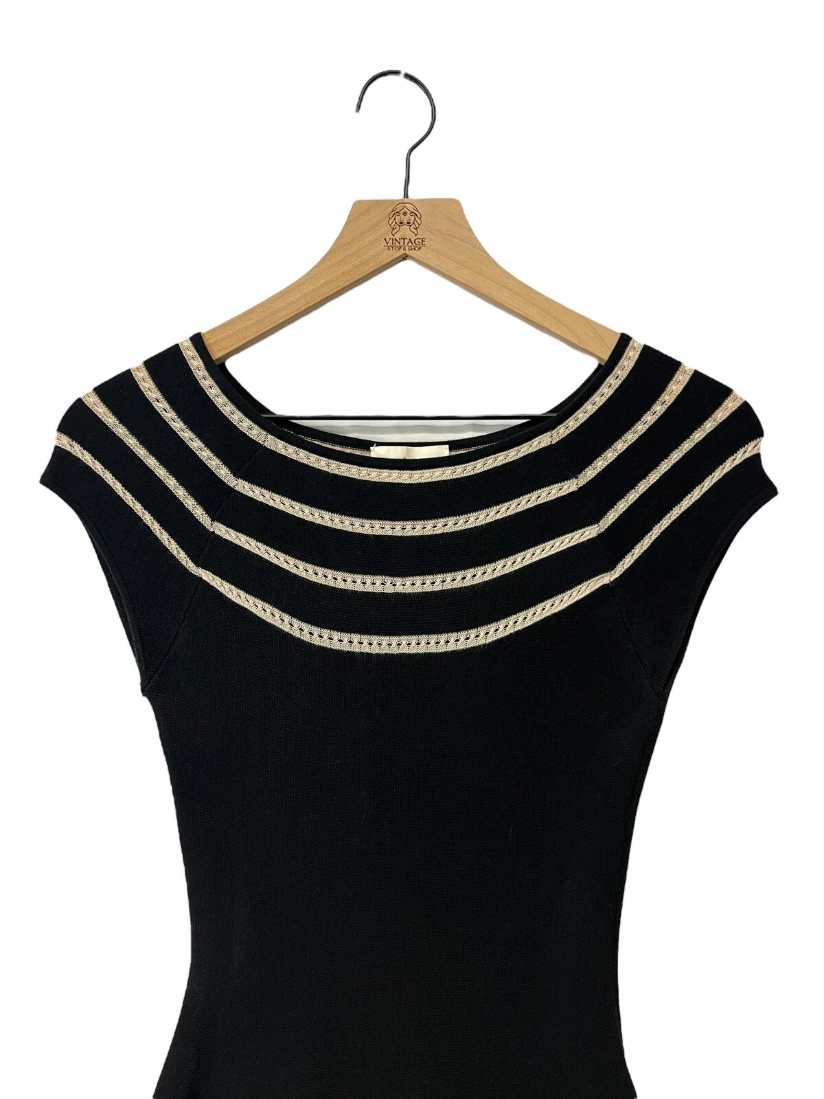 Abito maglione Kate Spade Amalia nero all'uncinetto a righe manica ad aletta aderente svasato XS