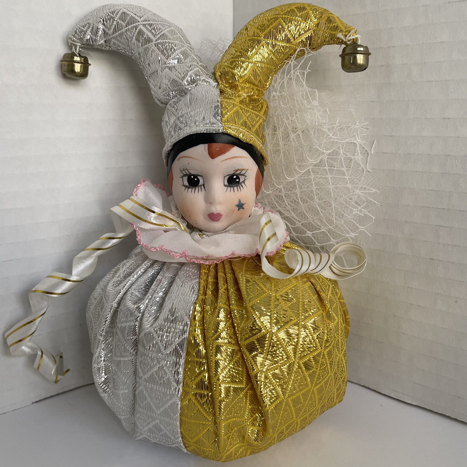 Vintage Porcelain Harlequin Mardi Gras Pierrot Pincushion with Star Face