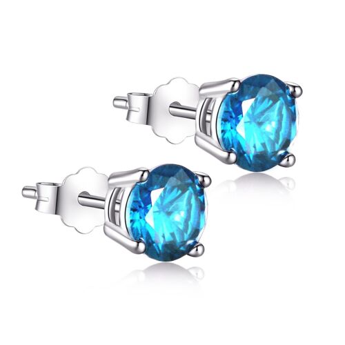 Sterling Silver Round Simulated Blue Topaz Stud Earrings New Year Gift for Women - Picture 3 of 4