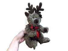Russ Berrie Soft Plush Buck Reindeer Antlers Brown Curly Hair Red Plaid Scarf EC