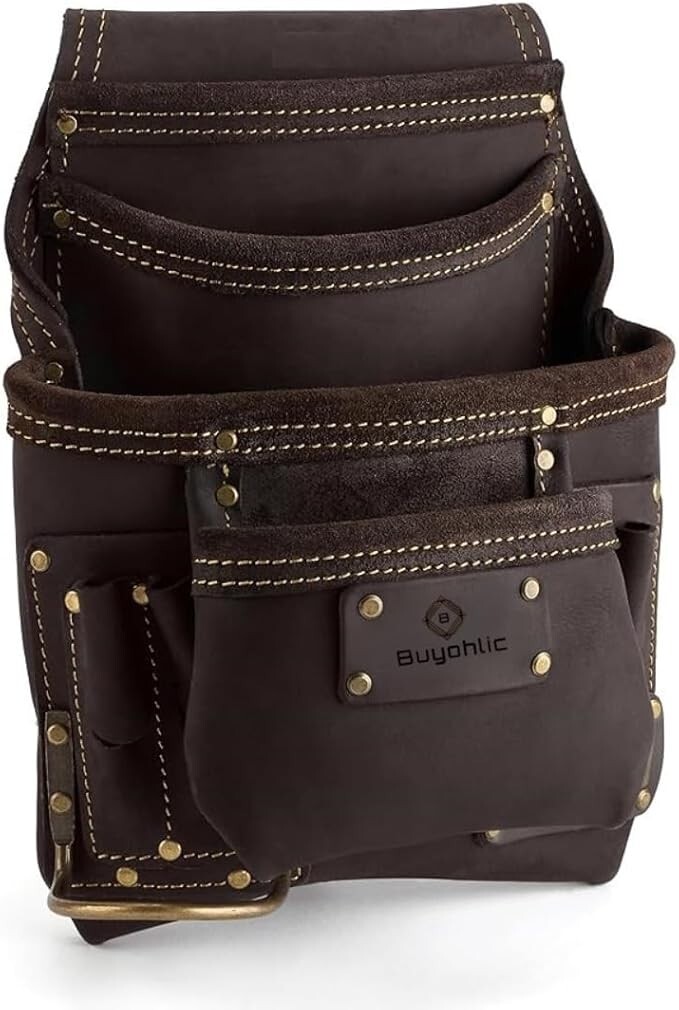 Heavy- Duty Leather Tool Bag for Drywall Contractors, Oil-Tanned Belt Pouches