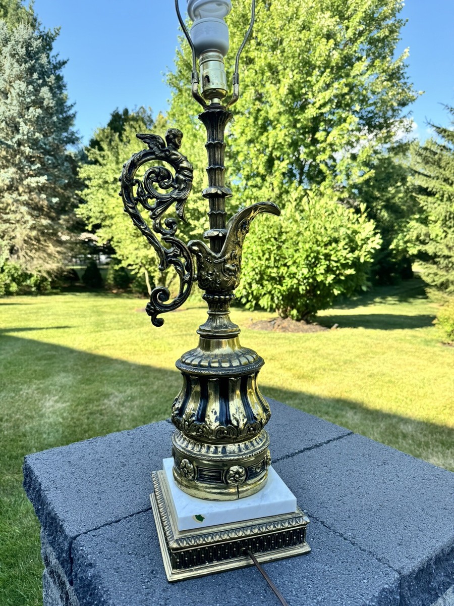 VTG Hollywood Regency Cherub Italian Table Lamp Brass Marble Base