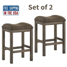Solid Wood Dining Stools Set of 2 Upholstered Rustic Chestnut Brown Finish